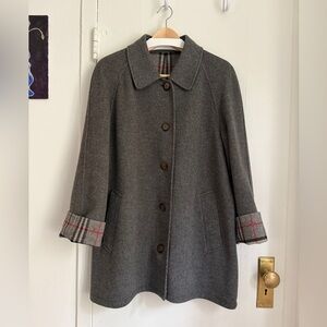 Vintage Burberry Gray Pea Coat with Plaid Accents